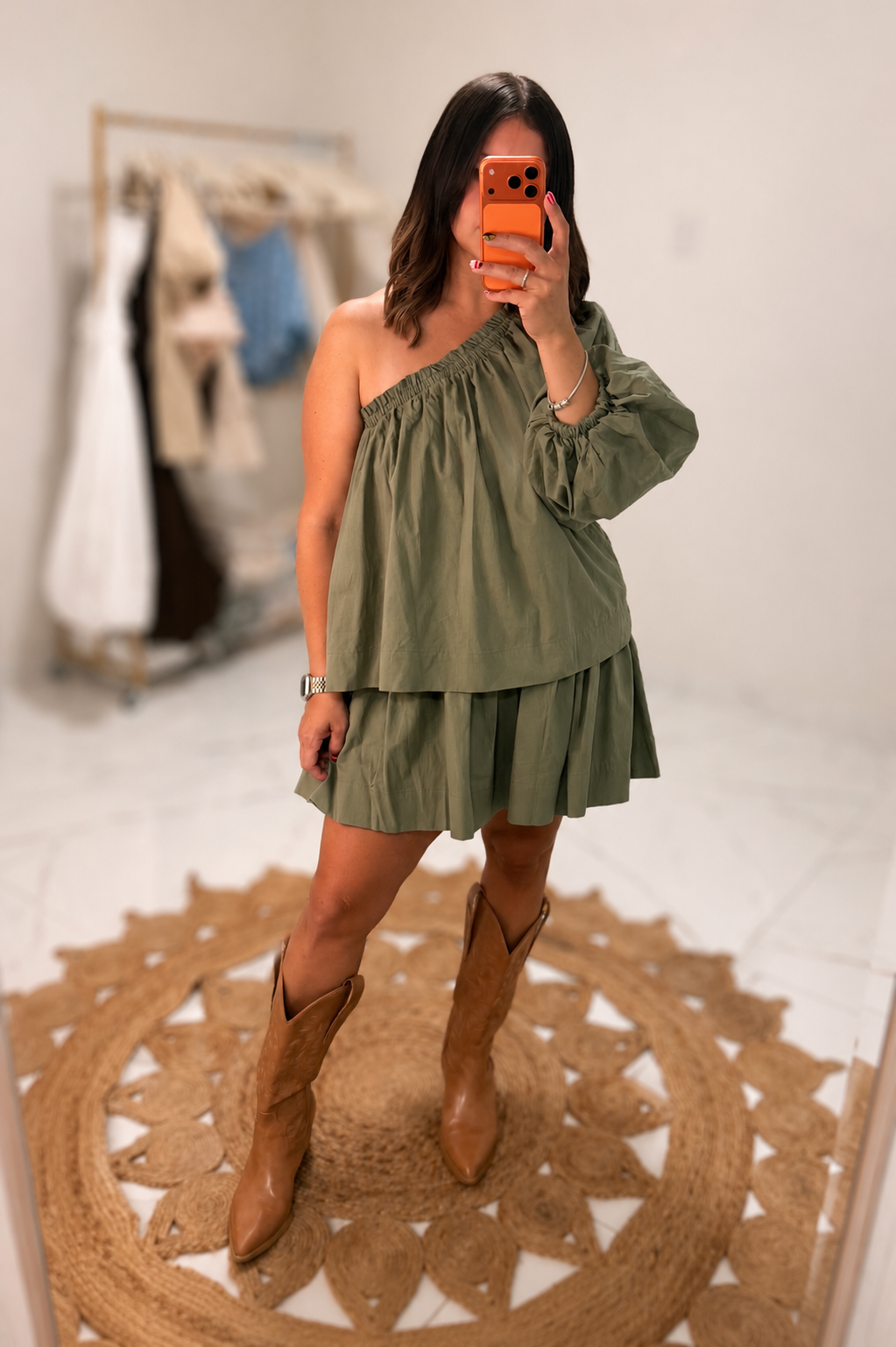 One shoulder mini skirt set - Green Olive