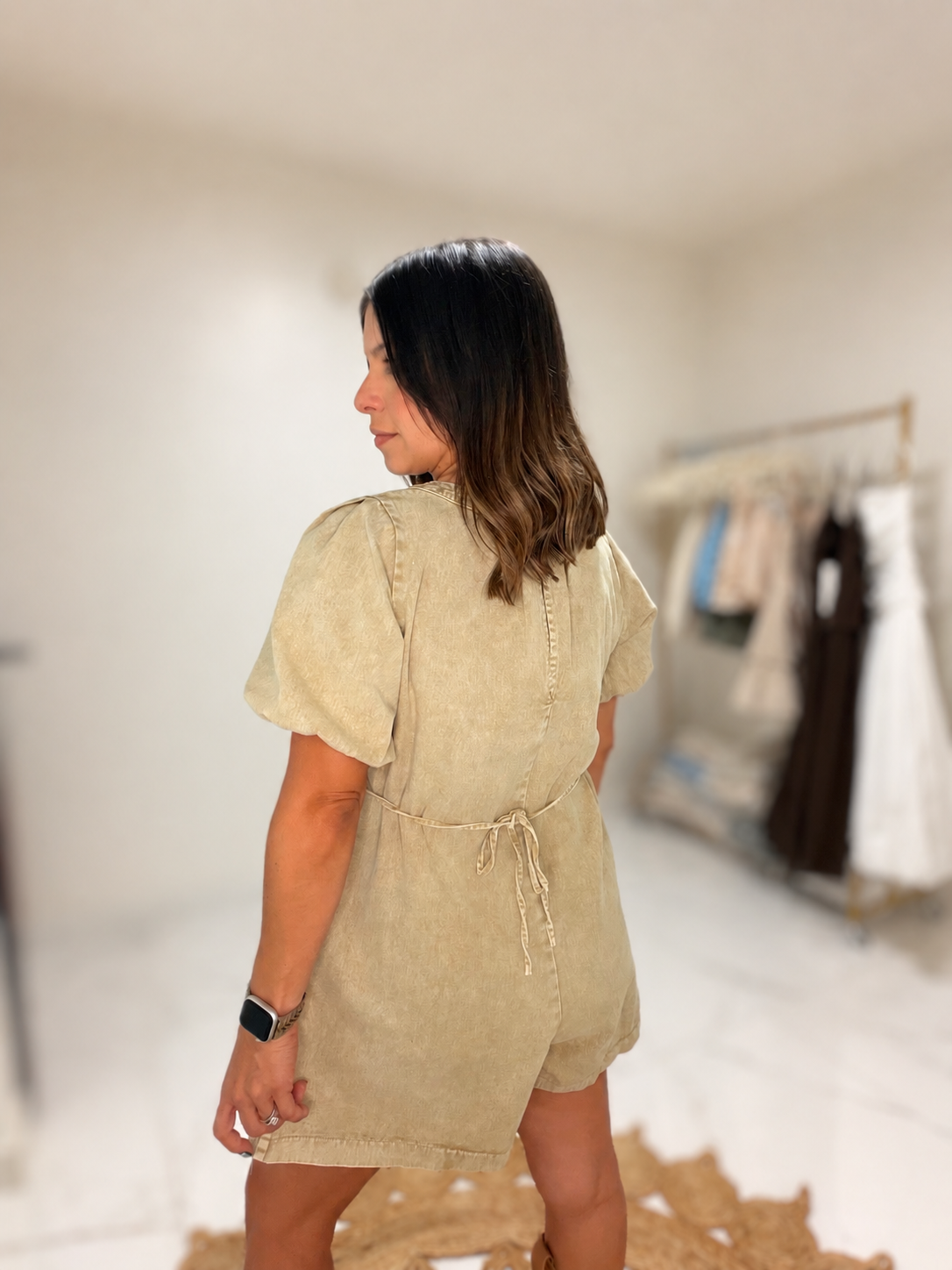 Puff Sleeve Romper - Sand