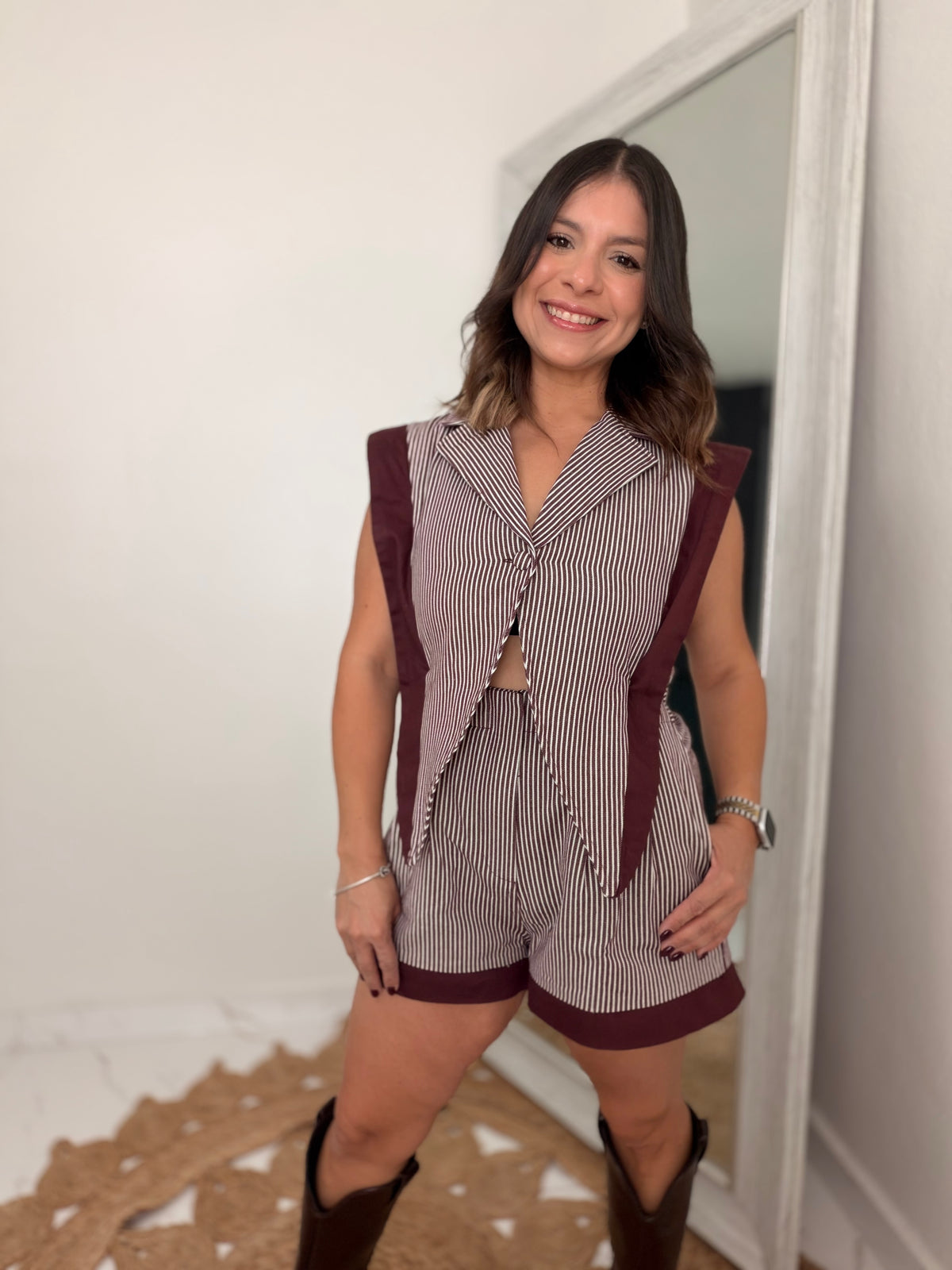Striped Romper - Burgundy