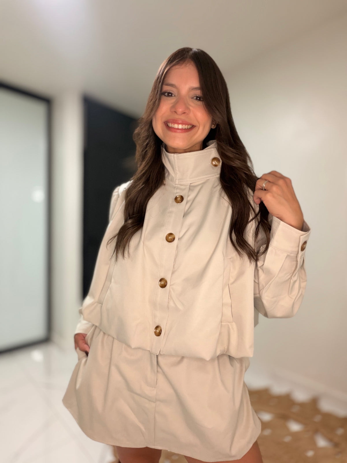High-Neck Jacket & Skort Set - Khaki