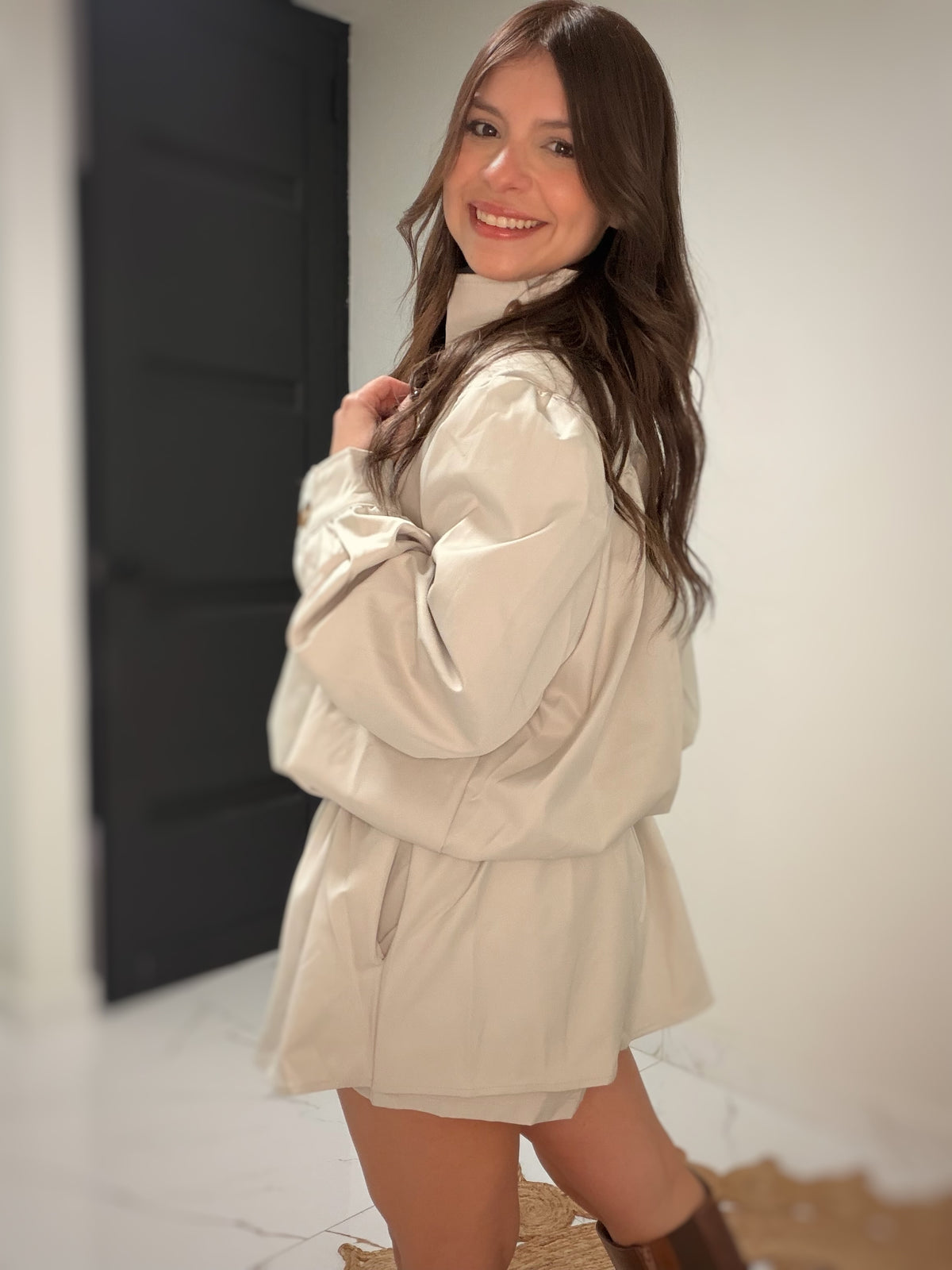High-Neck Jacket & Skort Set - Khaki
