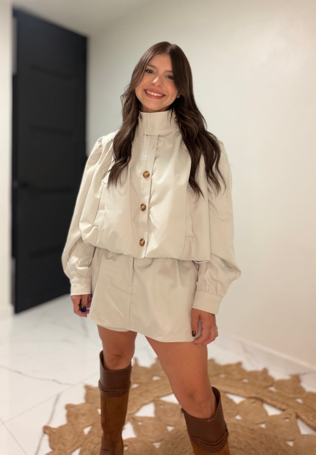High-Neck Jacket & Skort Set - Khaki